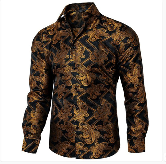 Black Gold Silk Paisley Long Sleeve Men's Shirt. CY-2010 - SimonVon Shop