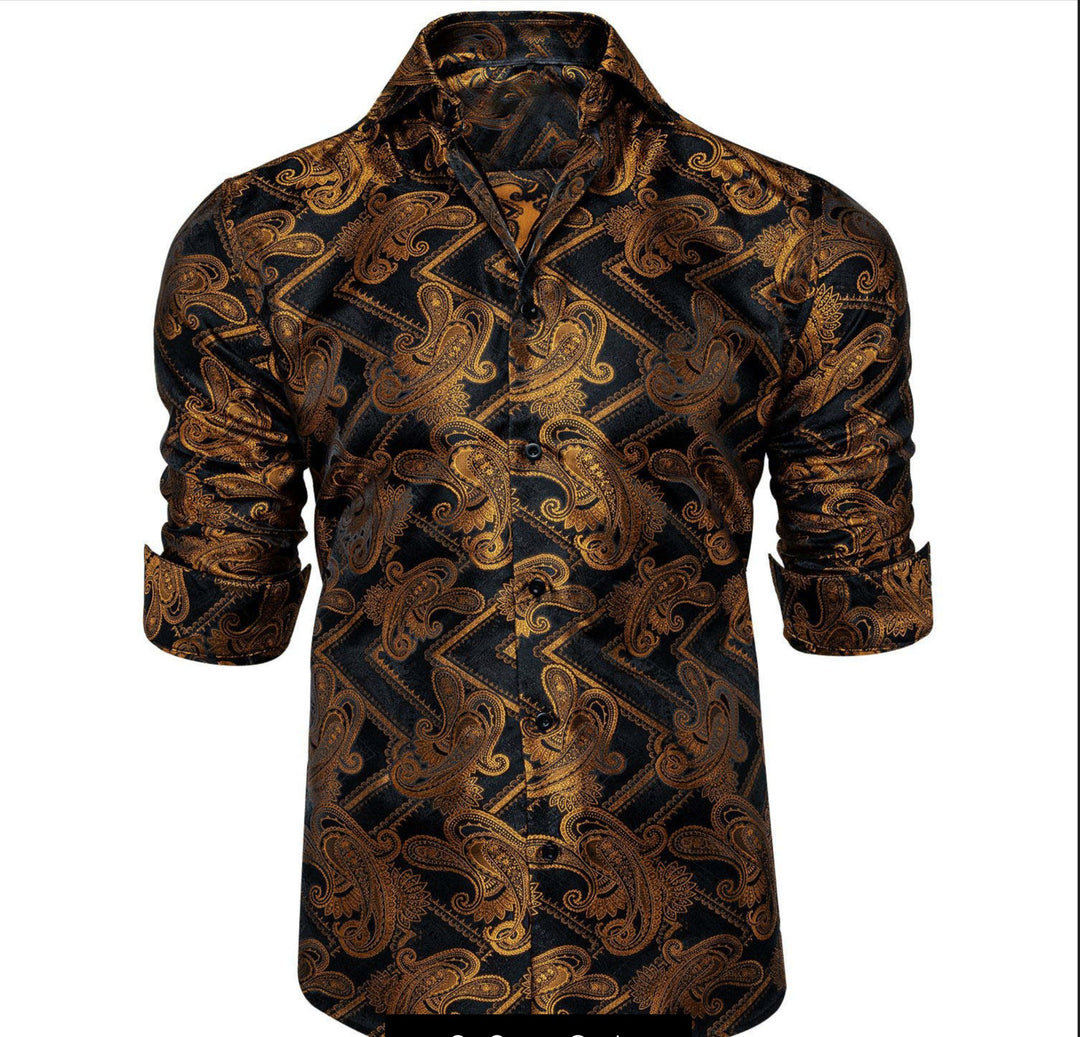 Black Gold Silk Paisley Long Sleeve Men's Shirt. CY-2010 - SimonVon Shop