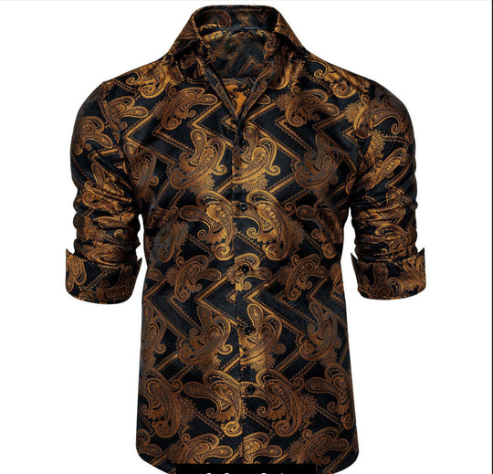 Black Gold Silk Paisley Long Sleeve Men's Shirt. CY-2010 - SimonVon Shop