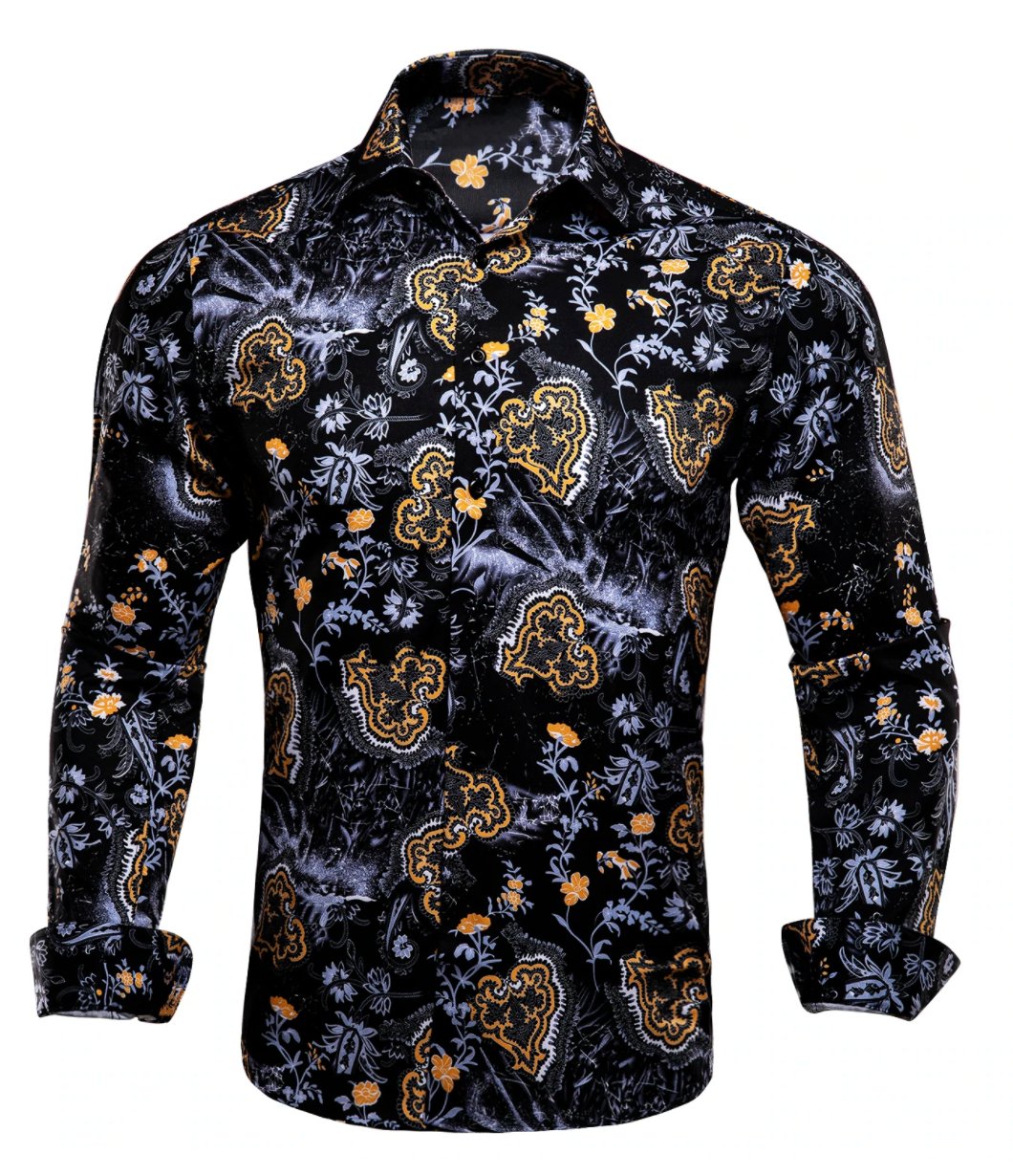 Black Golden Flame Print Novelty Mens Shirt -CY-1026 - SimonVon Shop
