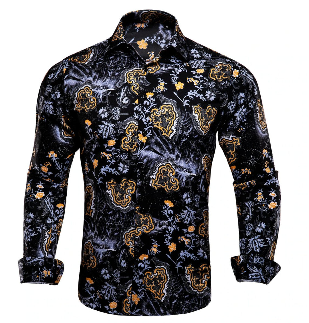 Black Golden Flame Print Novelty Mens Shirt -CY-1026 - SimonVon Shop