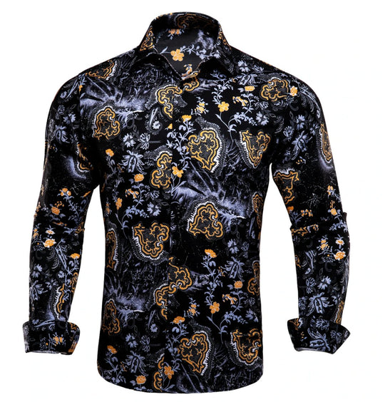 Black Golden Flame Print Novelty Mens Shirt -CY-1026 - SimonVon Shop