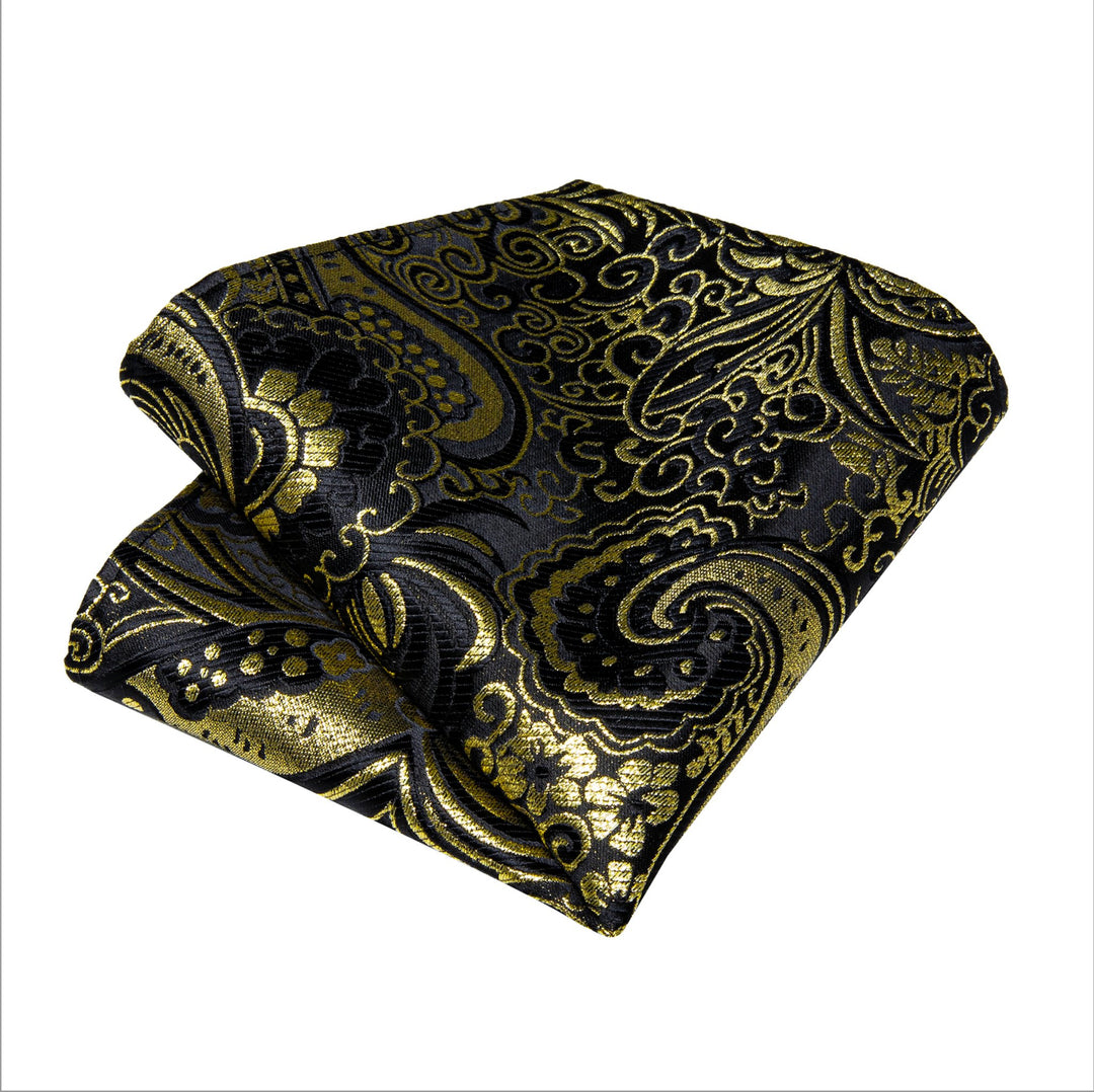 Black Golden Floral Silk Self Bowtie Pocket Square Cufflinks Set-LH-3045 - SimonVon Shop