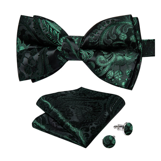 BLACK GREEN FLORAL SILK BOWTIE POCKET SQUARE CUFFLINKS SET-LH-7086 - SimonVon Shop