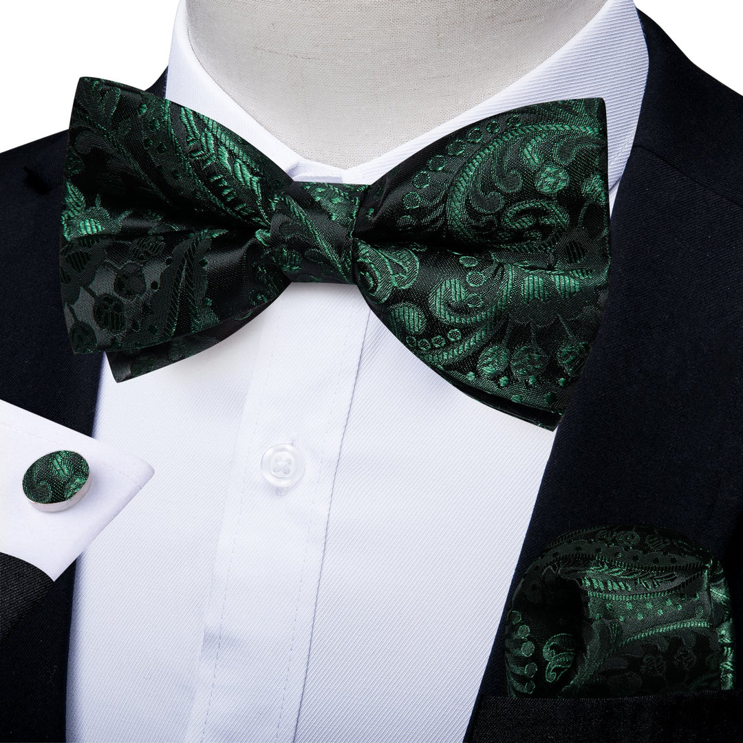 BLACK GREEN FLORAL SILK BOWTIE POCKET SQUARE CUFFLINKS SET-LH-7086 - SimonVon Shop