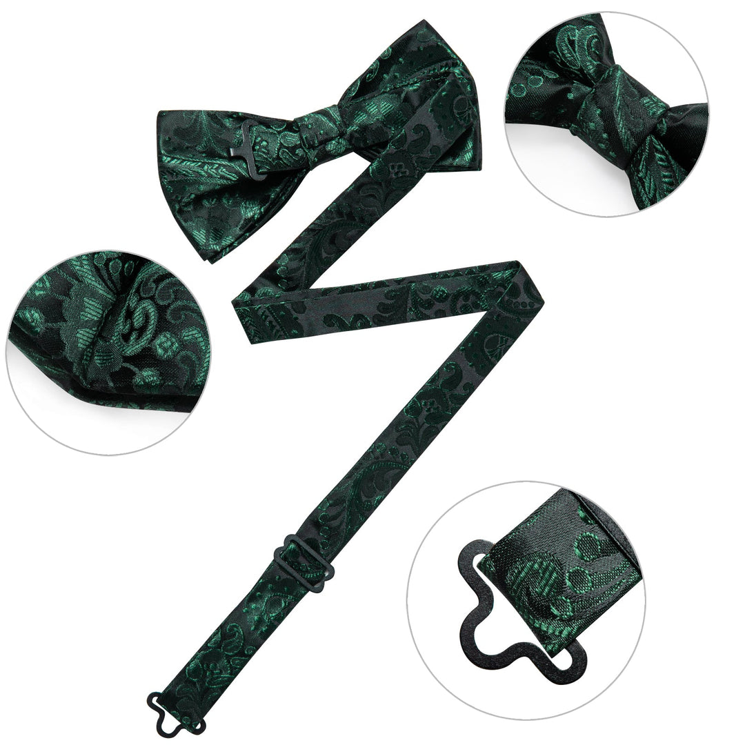BLACK GREEN FLORAL SILK BOWTIE POCKET SQUARE CUFFLINKS SET-LH-7086 - SimonVon Shop