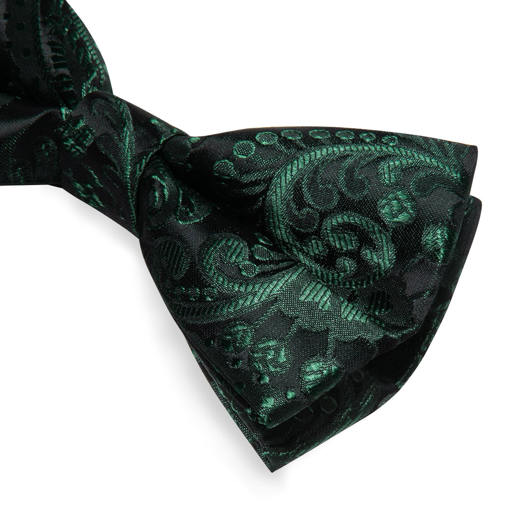 BLACK GREEN FLORAL SILK BOWTIE POCKET SQUARE CUFFLINKS SET-LH-7086 - SimonVon Shop