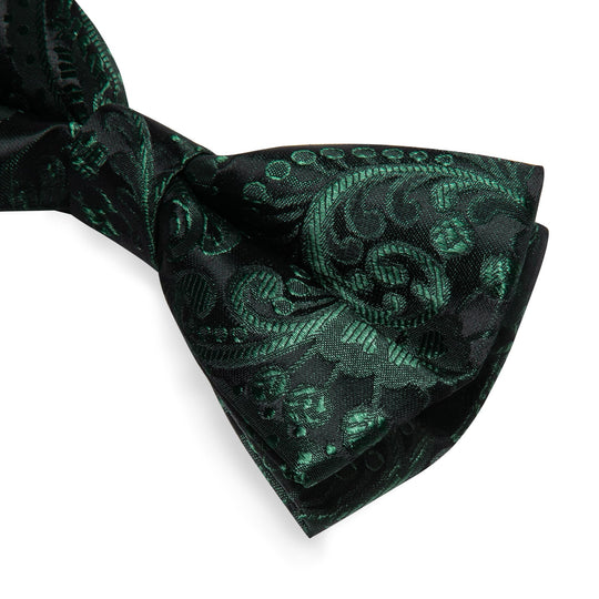 BLACK GREEN FLORAL SILK BOWTIE POCKET SQUARE CUFFLINKS SET-LH-7086 - SimonVon Shop