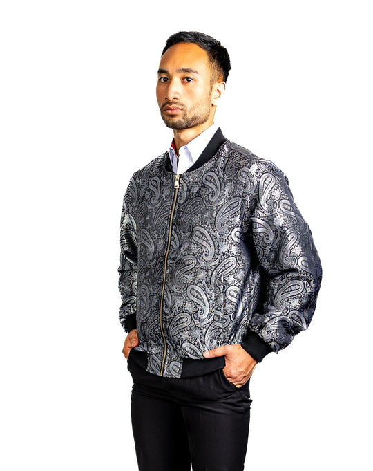 Black Grey Paisley Men's Urban Lightweight Zip Jacket Casual-JK-0002 - SimonVon Shop