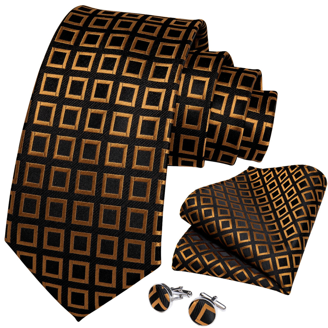 Black Orange Square Plaid Tie Pocket Square Cufflinks Set- N-7303 - SimonVon Shop