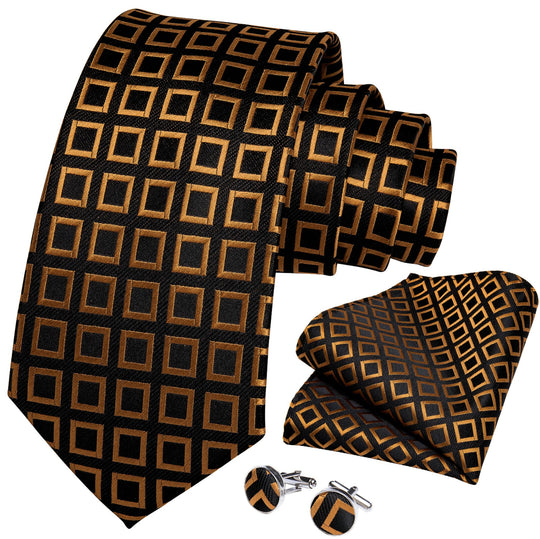 Black Orange Square Plaid Tie Pocket Square Cufflinks Set- N-7303 - SimonVon Shop