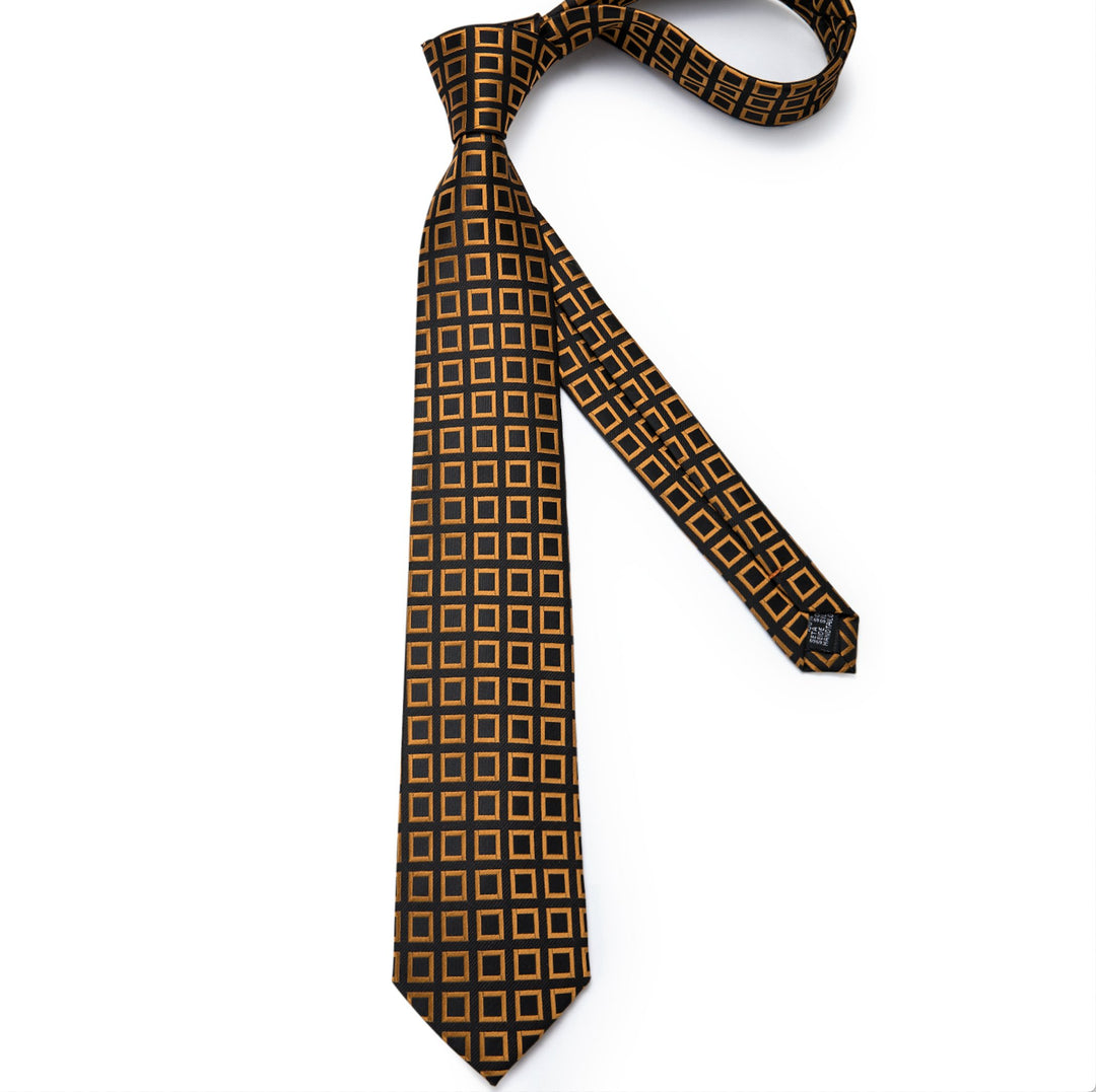 Black Orange Square Plaid Tie Pocket Square Cufflinks Set- N-7303 - SimonVon Shop