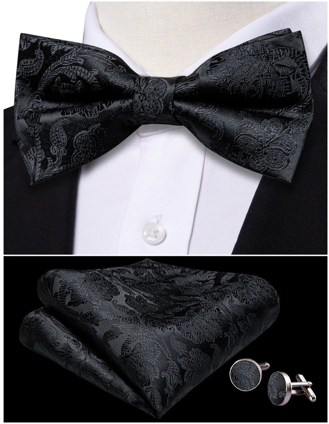 Black Paisley Bowtie Pocket Square Cufflinks Set- LH-0150 - SimonVon Shop