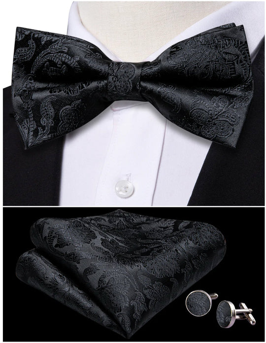 Black Paisley Bowtie Pocket Square Cufflinks Set- LH-0150 - SimonVon Shop