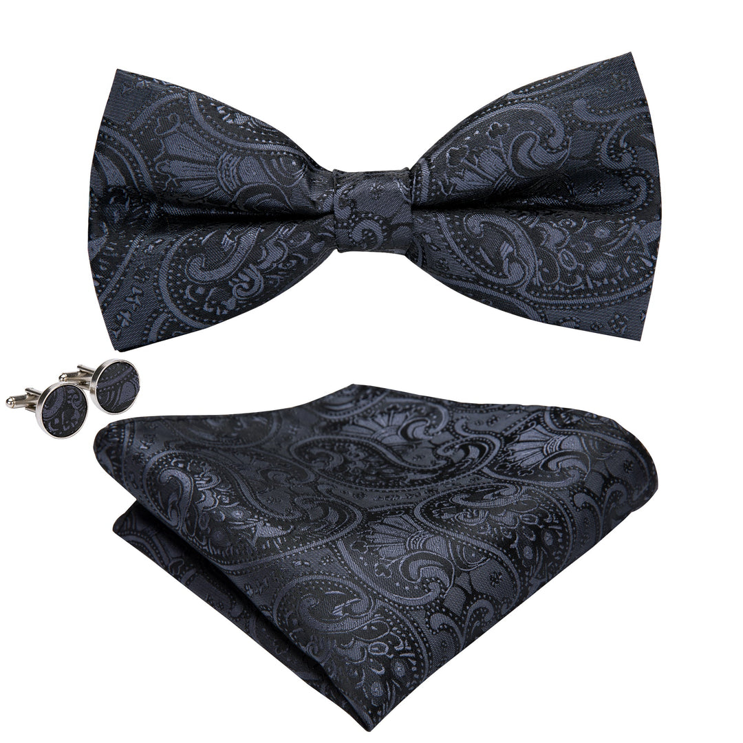 Black Paisley Silk Bow Tie Pocket Square Cufflinks Set-LH-0718 - SimonVon Shop