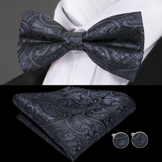 Black Paisley Silk Bow Tie Pocket Square Cufflinks Set-LH-0718 - SimonVon Shop