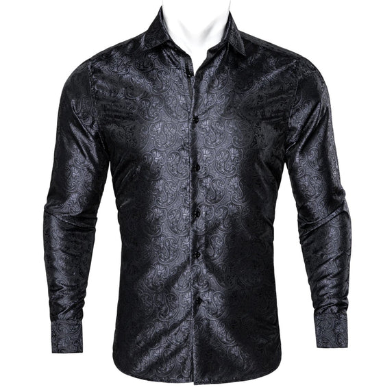 Black Paisley Silk Men's Shirt-CY-0054 - SimonVon Shop