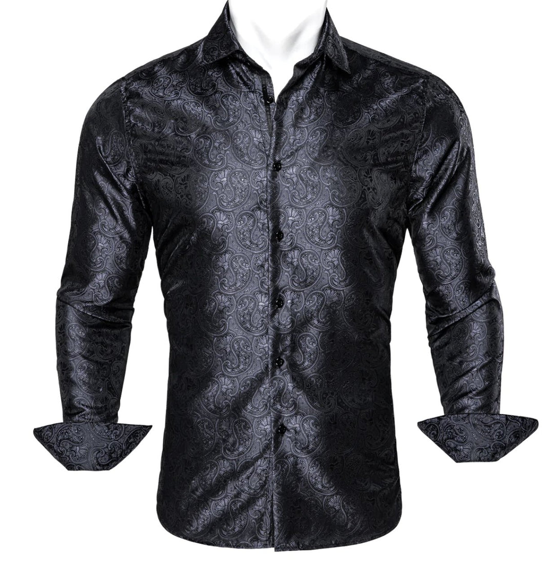 Black Paisley Silk Men's Shirt-CY-0054 - SimonVon Shop