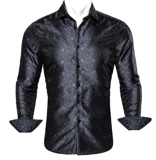 Black Paisley Silk Men's Shirt-CY-0054 - SimonVon Shop