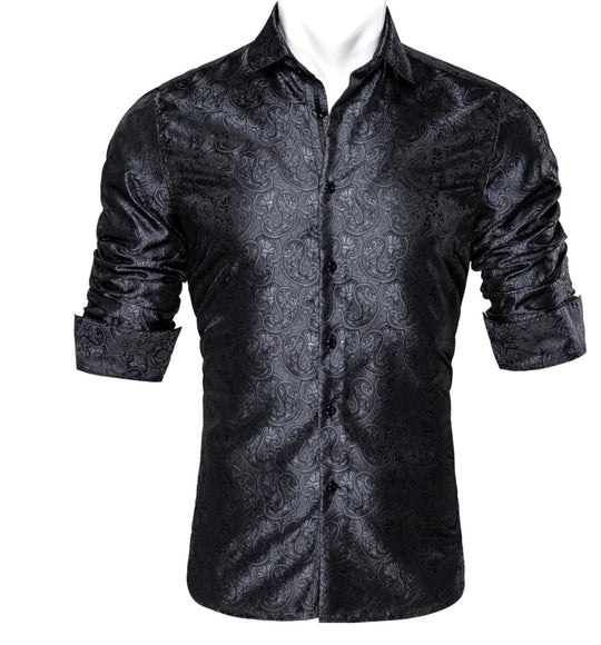 Black Paisley Silk Men's Shirt-CY-0054 - SimonVon Shop