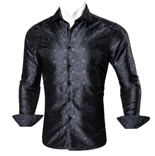 Black Paisley Silk Men's Shirt-CY-0054 - SimonVon Shop