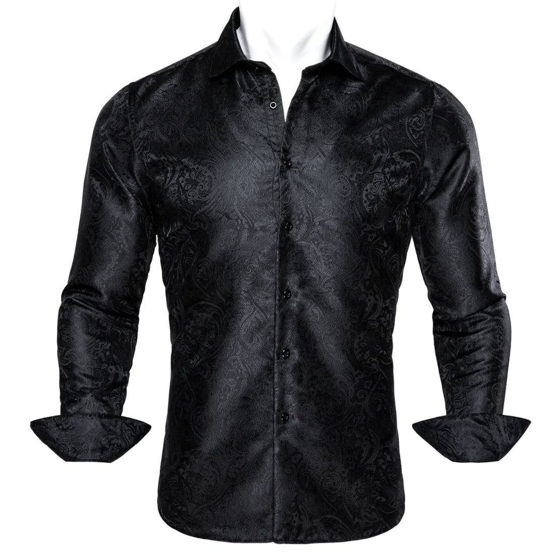 Black Paisley Silk Men's Shirt- CY-0063 - SimonVon Shop