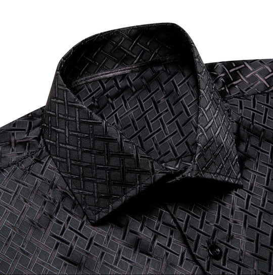 Black Plaid Silk Men's Long Sleeve Shirt- CY-1650 - SimonVon Shop