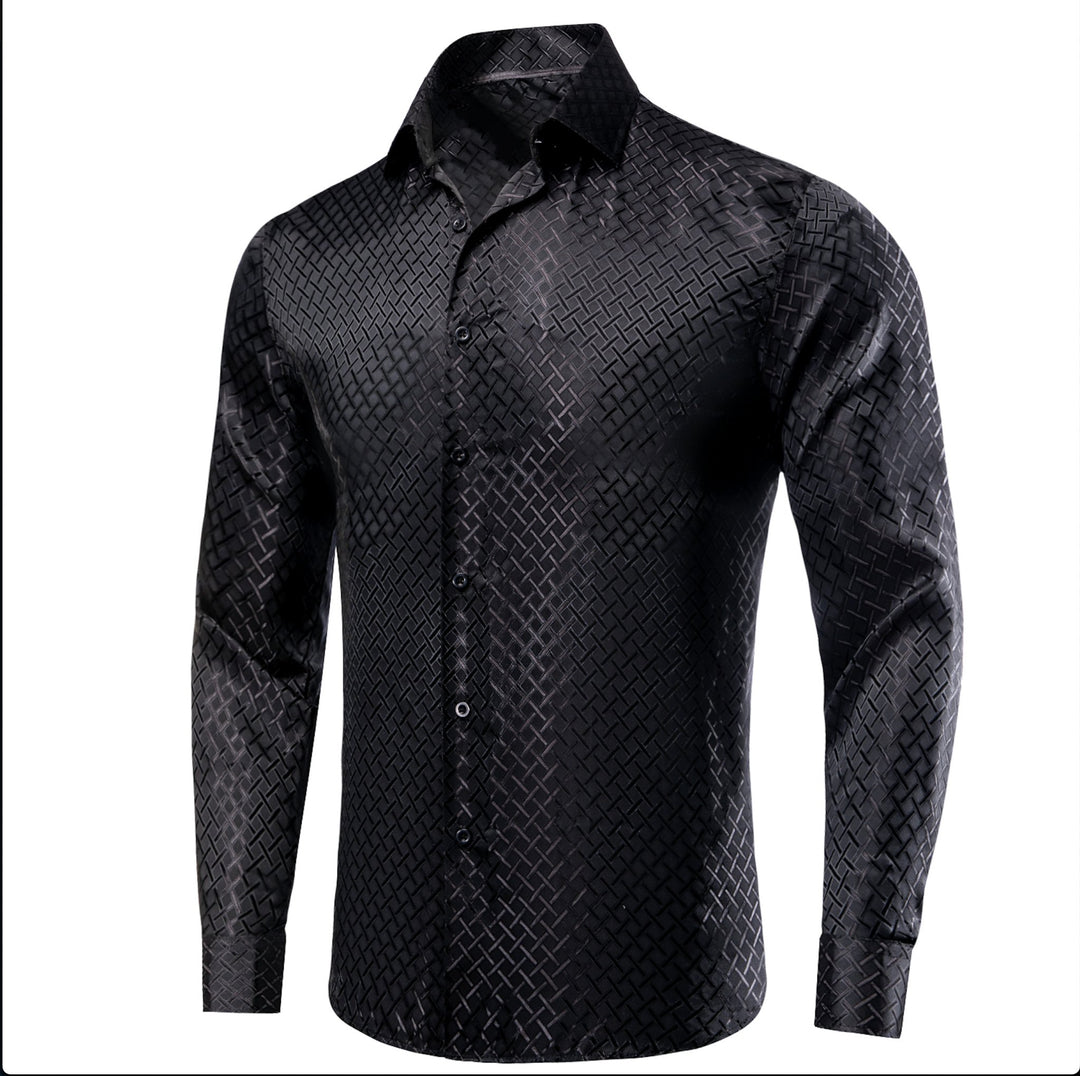 Black Plaid Silk Men's Long Sleeve Shirt- CY-1650 - SimonVon Shop