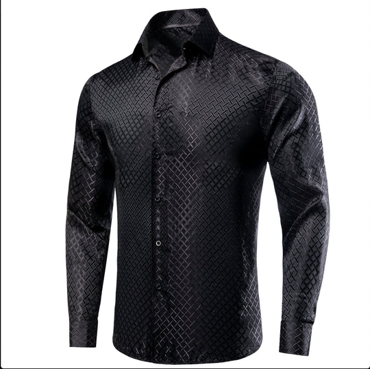 Black Plaid Silk Men's Long Sleeve Shirt- CY-1650 - SimonVon Shop