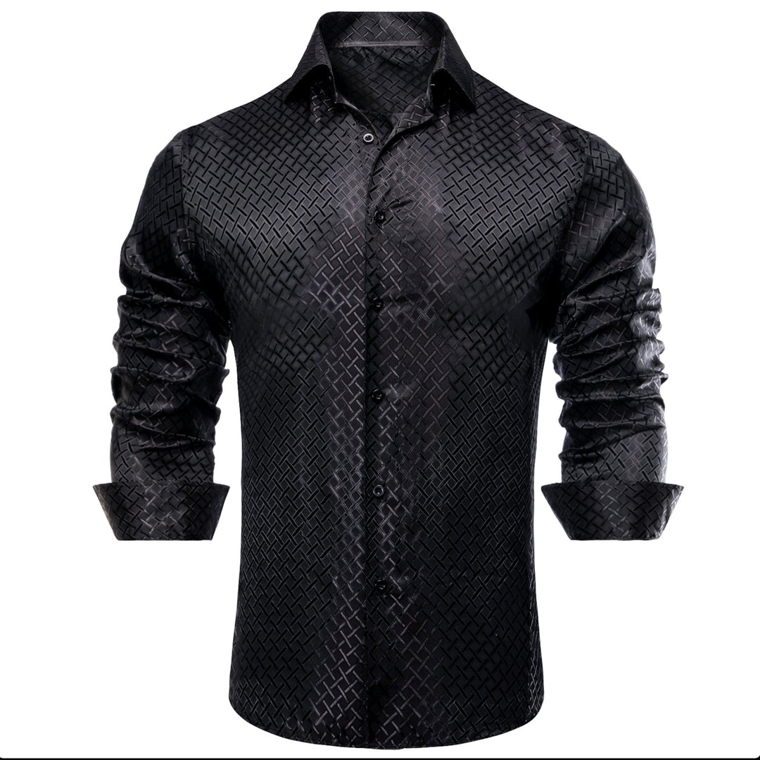 Black Plaid Silk Men's Long Sleeve Shirt- CY-1650 - SimonVon Shop