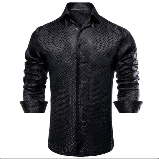 Black Plaid Silk Men's Long Sleeve Shirt- CY-1650 - SimonVon Shop