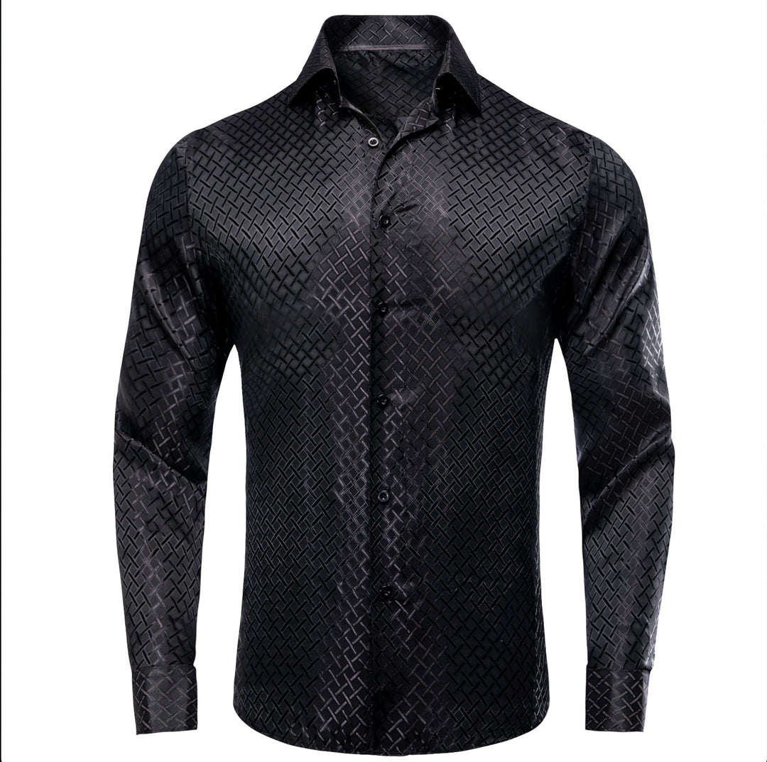 Black Plaid Silk Men's Long Sleeve Shirt- CY-1650 - SimonVon Shop
