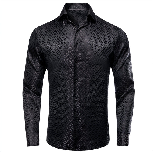 Black Plaid Silk Men's Long Sleeve Shirt- CY-1650 - SimonVon Shop