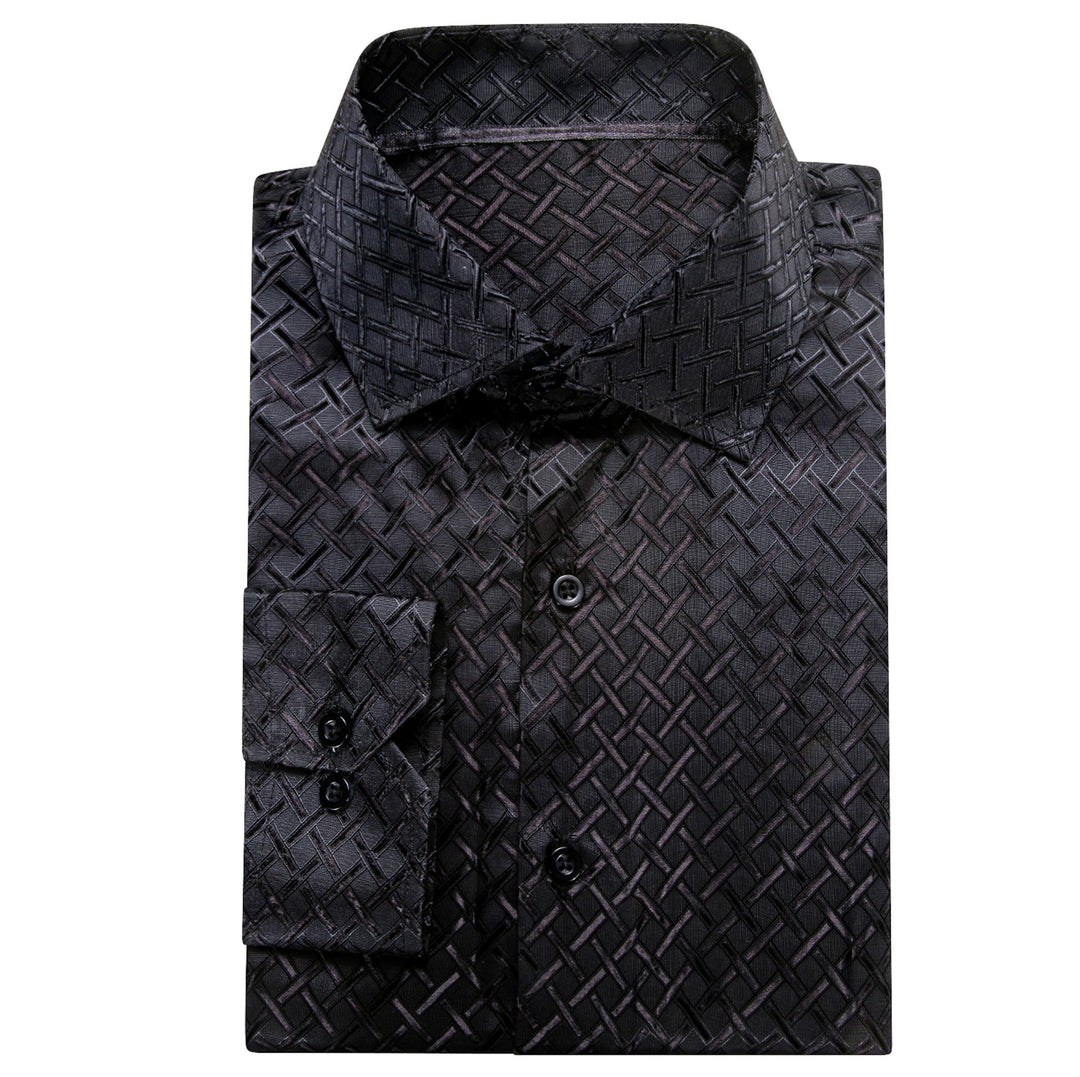 Black Plaid Silk Men's Long Sleeve Shirt- CY-1650 - SimonVon Shop