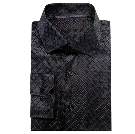 Black Plaid Silk Men's Long Sleeve Shirt- CY-1650 - SimonVon Shop