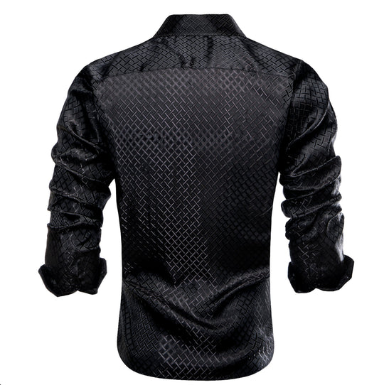 Black Plaid Silk Men's Long Sleeve Shirt- CY-1650 - SimonVon Shop