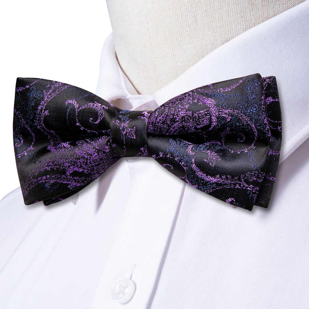 Black Purple Blue Paisley Pre-tied Bow Tie Hanky Cufflinks Set-LH-0566 - SimonVon Shop