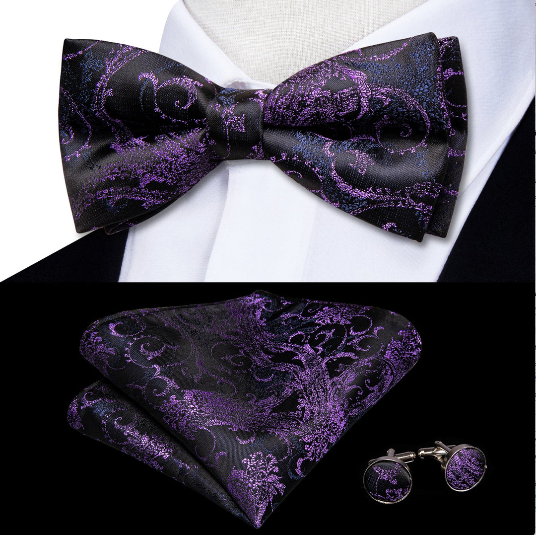 Black Purple Blue Paisley Pre-tied Bow Tie Hanky Cufflinks Set-LH-0566 - SimonVon Shop