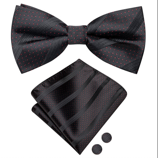 Black Red Dot Silk Bowtie Pocket Square Cufflinks Set-LH-2527 - SimonVon Shop