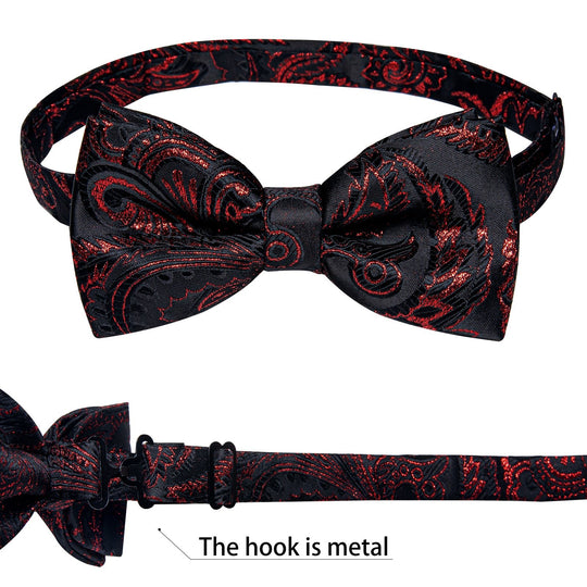 Black Red Paisley Pre-tied Bow Tie Hanky Cufflinks Set-LH -0169 - SimonVon Shop