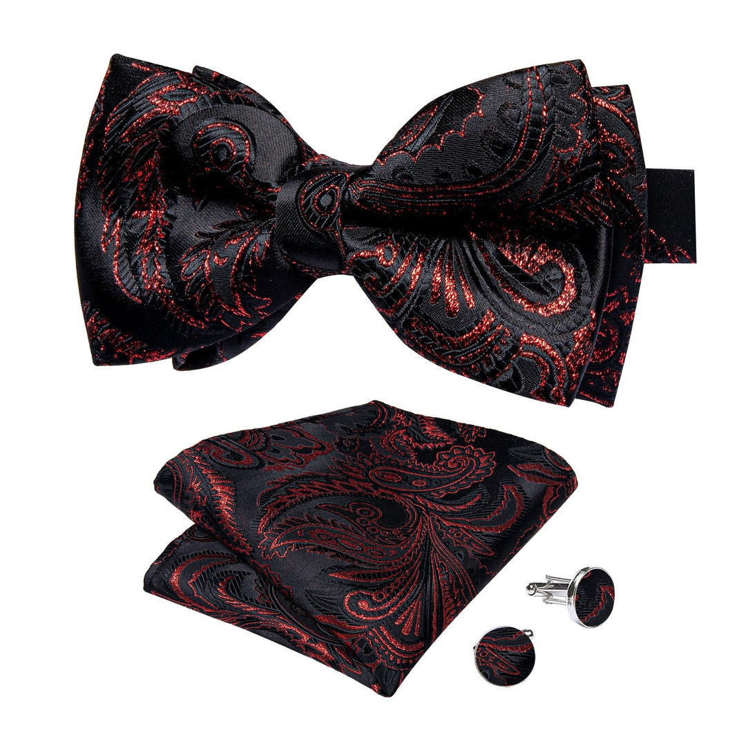 Black Red Paisley Pre-tied Bow Tie Hanky Cufflinks Set-LH -0169 - SimonVon Shop