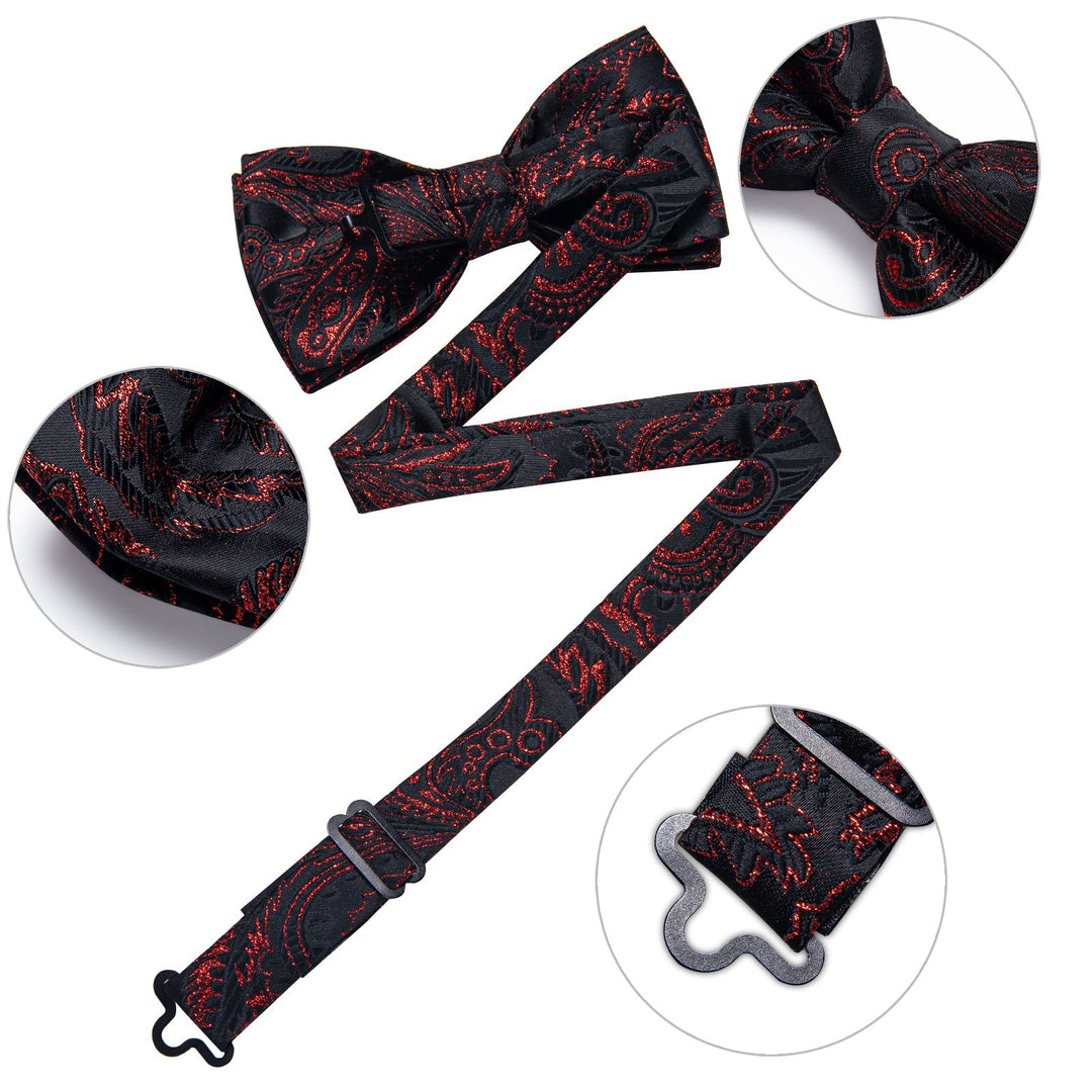 Black Red Paisley Pre-tied Bow Tie Hanky Cufflinks Set-LH -0169 - SimonVon Shop