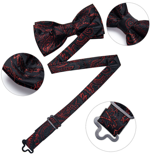 Black Red Paisley Pre-tied Bow Tie Hanky Cufflinks Set-LH -0169 - SimonVon Shop