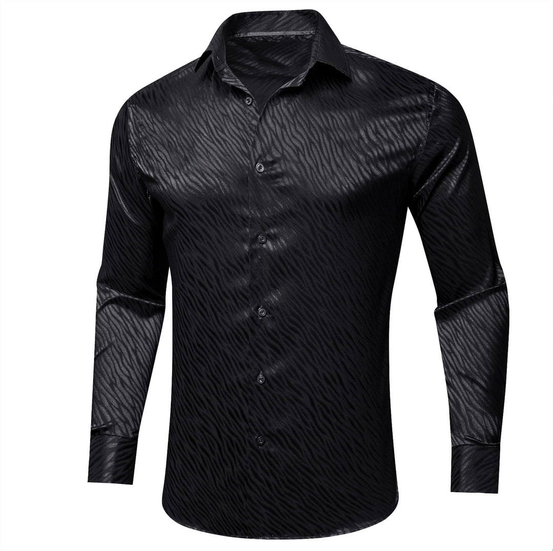 Black Ripple Silk Men's Shirt- CY-0681 - SimonVon Shop