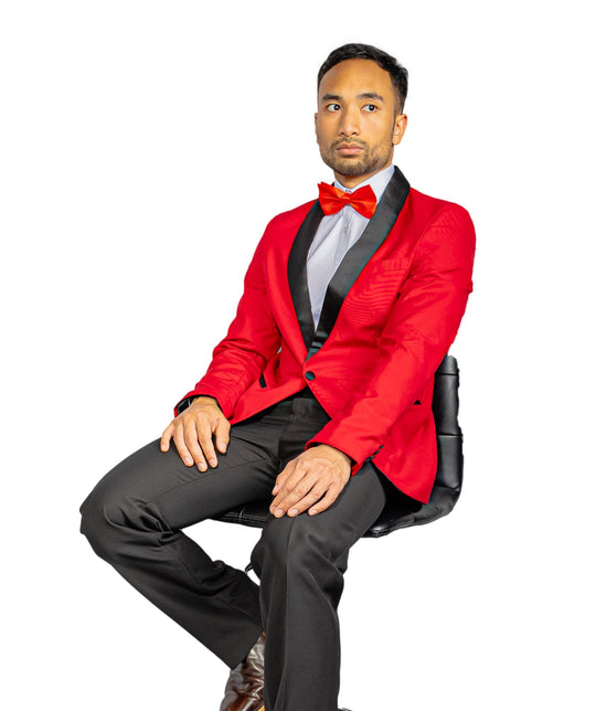 Black Shawl Collar Crimson Red Solid Blazer - XX-1037 - SimonVon Shop