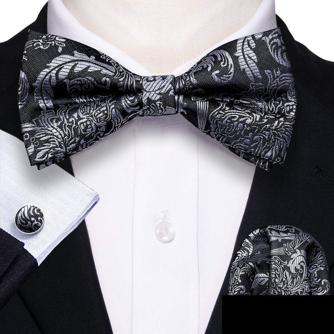 Black Silver Floral Silk Bowtie Pocket Square Cufflinks Set LH-0937 - SimonVon Shop