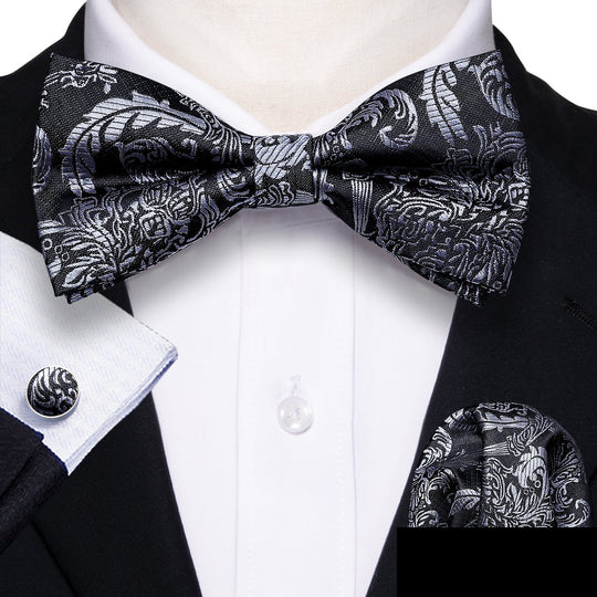 Black Silver Floral Silk Bowtie Pocket Square Cufflinks Set LH-0937 - SimonVon Shop