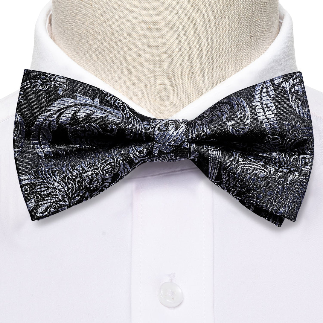 Black Silver Floral Silk Bowtie Pocket Square Cufflinks Set LH-0937 - SimonVon Shop
