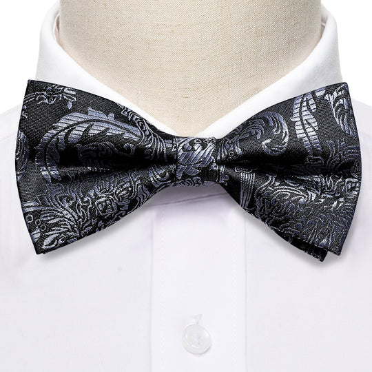 Black Silver Floral Silk Bowtie Pocket Square Cufflinks Set LH-0937 - SimonVon Shop