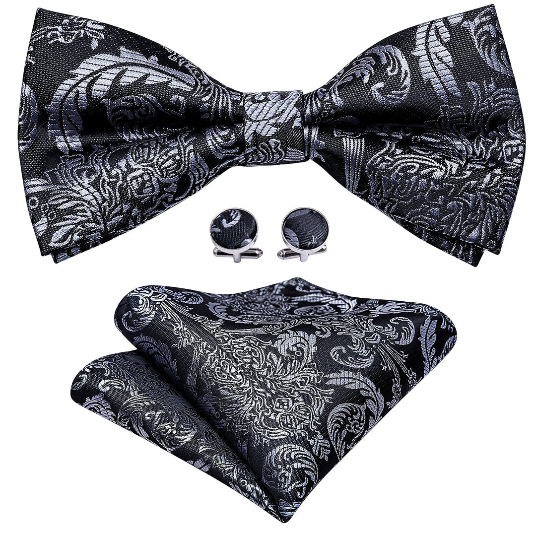 Black Silver Floral Silk Bowtie Pocket Square Cufflinks Set LH-0937 - SimonVon Shop